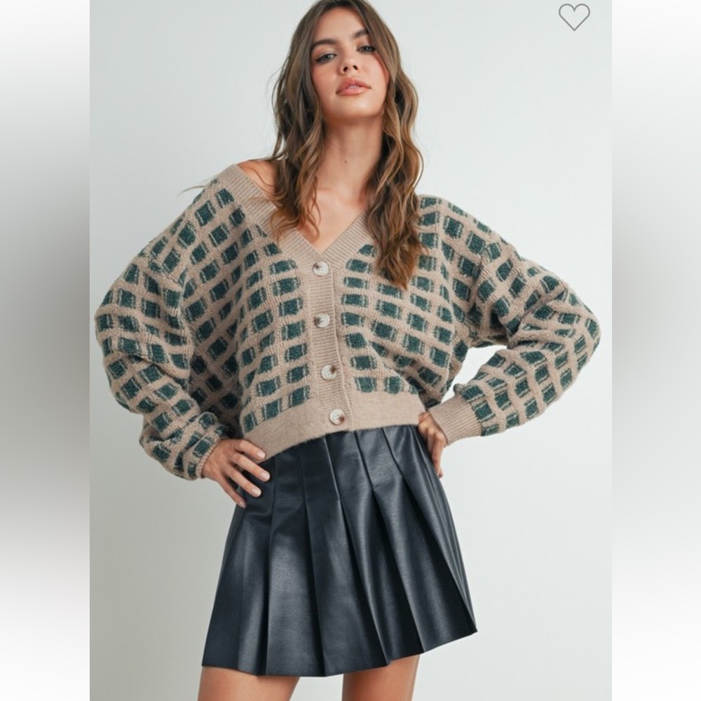 Butter Melon Plaid cropped cardigan,teal and taupe size medium